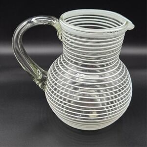 MEXICAN Art Glass LARGE WHITE & CLEAR SPIRAL BOLA Jug PITCHER Hand Blown MEXICO